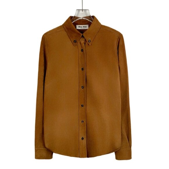 Miu Miu 2022 Brown Lambskin Leather Collared Single-Breasted Long Sleeve Shirt